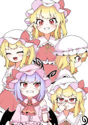 Rule 34 | 5girls, adjusting eyewear, ascot, bat wings, blonde hair, blue hair, bob cut, bow, clenched hand, clone, closed eyes, collared shirt, fangs, flandre scarlet, four of a kind (touhou), frilled shirt, frilled shirt collar, frilled wrist cuffs, frills, from side, glasses, grin, hat, hat bow, highres, looking at another, looking at viewer, looking to the side, medium hair, mob cap, multiple girls, one side up, oninamako, pink headwear, pink shirt, puffy short sleeves, puffy sleeves, red-framed eyewear, red ascot, red bow, red eyes, red skirt, red vest, remilia scarlet, shirt, short sleeves, siblings, sidelocks, sisters, skirt, slit pupils, smile, sweat, touhou, vest, white background, white headwear, white shirt, wings, wrist cuffs