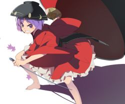 Rule 34 | 1girl, angry, bad id, bad twitter id, barefoot, blush, bowl, clenched teeth, hasebe yuusaku, japanese clothes, kimono, long sleeves, looking at viewer, miracle mallet, needle, obi, object on head, purple eyes, purple hair, ribbon, sash, short hair, simple background, solo, sukuna shinmyoumaru, teeth, touhou, white background, wide sleeves