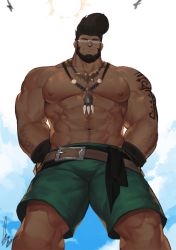 Rule 34 | 1boy, abs, arm hair, arm tattoo, warrior of light (ff14), bara, beard, bulge, chest hair, dark-skinned male, dark skin, facial hair, feet out of frame, final fantasy, final fantasy xiv, glasses, gomtang, green shorts, jewelry, large pectorals, looking at viewer, male focus, mature male, muscular, muscular male, navel, navel hair, necklace, nipples, original, pectorals, roegadyn, short hair, shorts, smile, solo, stomach, tattoo, tooth necklace, topless male