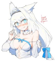 Rule 34 | 1girl, animal ears, blue bow, blue eyes, blush, bow, breasts, commentary request, cropped torso, dated, dobrynya nikitich (fate), fate/grand order, fate (series), hair intakes, hairband, kiyu (queue), large breasts, long hair, low-tied long hair, signature, solo, sweat, white background, white hair