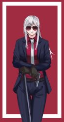 Rule 34 | ak-12 (girls&#039; frontline), ak-12 (lucia) (girls&#039; frontline), belt, black belt, black gloves, black jacket, black pants, cane, closed eyes, closed mouth, commentary, cowboy shot, crossed arms, english commentary, girls&#039; frontline, gloves, grey hair, gun, handgun, highres, holding, holding cane, holding gun, holding weapon, jacket, long hair, necktie, open clothes, open jacket, pants, parabellum, red background, red shirt, shirt, simple background, sunglasses, two-tone background, walther, walther ppk, weapon, white background, white necktie
