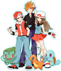 Rule 34 | 00s, 1girl, 2boys, baseball cap, blue eyes, blue oak, brown eyes, brown hair, bulbasaur, charmander, creatures (company), fangs, fanny pack, fire, flame-tipped tail, game freak, gen 1 pokemon, gum (gmng), gumidemo kandero, hand in pocket, hat, jewelry, leaf (pokemon), long hair, looking at another, looking at viewer, loose socks, multiple boys, necklace, nintendo, open mouth, orange eyes, orange hair, outline, plant, poke ball, poke ball (basic), pokemon, pokemon (creature), pokemon frlg, popped collar, red (pokemon), red eyes, simple background, skirt, smile, smirk, socks, spiked hair, squirtle, standing, starter pokemon trio, vines, white background, wristband