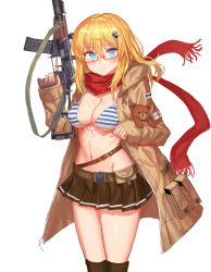 Rule 34 | 1girl, as val, as val (girls&#039; frontline), assault rifle, automatic rifle, belt, bikini, bikini top only, blonde hair, blue eyes, blush, breasts, brown belt, brown coat, brown skirt, cleavage, coat, floating scarf, girls&#039; frontline, glasses, gun, hair ornament, highres, holding, holding gun, holding weapon, integral suppressor, integrally-suppressed firearm, kalashnikov rifle, lithium10mg, long hair, long sleeves, medium breasts, pleated skirt, pouch, red-framed eyewear, red scarf, rifle, scarf, simple background, skirt, smile, solo, striped bikini, striped bikini top, striped clothes, stuffed animal, stuffed toy, suppressor, swimsuit, teddy bear, toz (tulsky oruzheiny zavod), tsniitochmash, tula arms plant, weapon, white background