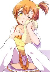 Rule 34 | 1girl, ;o, blush, clenched hand, commentary request, hair bobbles, hair ornament, hand on own chest, hoshizora rin, love live!, love live! school idol festival, love live! school idol project, miniskirt, one eye closed, orange hair, sen (sen0910), short hair, side ponytail, sitting, skirt, solo, sweat, thighhighs, towel, white background, white thighhighs, wiping face, yellow eyes