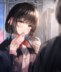 Rule 34 | 1girl, black hair, black jacket, blazer, blurry, blurry foreground, blush, bow, bowtie, cardigan, cellphone, closed mouth, commentary request, day, hair ribbon, highres, holding, holding phone, jacket, long sleeves, minestrone takizawa, original, phone, pink cardigan, pink ribbon, red bow, red bowtie, ribbon, school uniform, shirt, short hair, smartphone, smile, solo focus, train interior, upper body, white shirt, wireless earphones