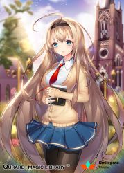 Rule 34 | 1girl, absurdly long hair, ahoge, black pantyhose, blue eyes, blue skirt, blush, book, breasts, company name, copyright name, hairband, holding, holding book, large breasts, long hair, looking at viewer, necktie, pantyhose, qurare magic library, red necktie, skirt, smile, snow is, solo, very long hair