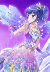 Rule 34 | 1girl, aikatsu!, aikatsu! (series), bad id, bad pixiv id, blue eyes, blue gloves, blue hair, blue wings, blush, commentary request, crown, crystal, dress, dutch angle, earrings, elbow gloves, glint, gloves, gradient gloves, gradient wings, hand up, jewelry, kiriya aoi, looking away, looking to the side, mini crown, multicolored wings, parted lips, ponytail, purple dress, purple gloves, purple wings, rurukuru, sidelocks, solo, wings