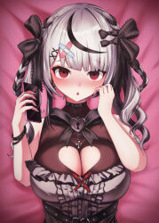 Rule 34 | 1girl, absurdres, bandaid, bandaid hair ornament, belt, black belt, black bow, black dress, black hair, black nails, bow, breasts, cellphone, cleavage, cleavage cutout, clothing cutout, dress, drill hair, frilled dress, frills, grey hair, hair bow, hair ornament, heart belt, heart cutout, highres, holding, holding phone, hololive, kaiju ryoku, large breasts, looking at viewer, lying, medium hair, multicolored hair, nail polish, official alternate costume, on back, open mouth, phone, red eyes, sakamata chloe, sakamata chloe (jirai kei), sleeveless, sleeveless dress, smartphone, streaked hair, twin drills, virtual youtuber, x hair ornament