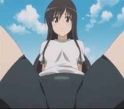 Rule 34 | 00s, 1girl, animated, animated gif, arms behind back, bad aspect ratio, bike shorts, black hair, blue sky, blush, cloud, cloudy sky, crotch, day, exercising, foreshortening, from below, frown, gym uniform, kotegawa yui, legs up, long hair, looking at viewer, lowres, outdoors, screencap, shirt, sidelocks, sitting, sky, solo, spread legs, t-shirt, to love-ru, yellow eyes
