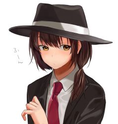 Rule 34 | 1girl, averting eyes, black hat, black jacket, brown hair, closed mouth, collared shirt, hair over shoulder, hand up, hat, jacket, lapels, light blush, long hair, looking to the side, necktie, open clothes, open jacket, red necktie, shirt, simple background, solo, sound effects, touhou, toujou (toujou ramen), upper body, usami renko, white background, white shirt, yellow eyes