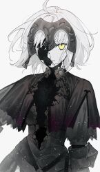 Rule 34 | 1girl, capelet, chain, closed mouth, commentary request, cracked skin, fate/grand order, fate (series), headpiece, highres, hollow body, jeanne d&#039;arc alter (avenger) (fate), jeanne d&#039;arc alter (fate), light particles, limited palette, long sleeves, looking at viewer, nipi27, plackart, short hair, simple background, solo, spoilers, upper body, white background, white hair, yellow eyes