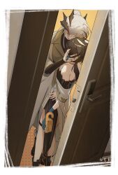 Rule 34 | 2girls, arknights, bare shoulders, brown hair, coat, door, hand on another&#039;s head, highres, horns, implied kiss, long sleeves, multiple girls, off shoulder, saria (arknights), silence (arknights), silence the paradigmatic (arknights), standing, white coat, white hair, xi (xi09291180), yuri