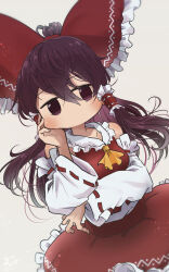 Rule 34 | 1girl, ascot, black hair, bow, breasts, chamaji, commentary request, dated, detached sleeves, frilled bow, frilled hair tubes, frills, hair bow, hair tubes, hakurei reimu, hand on own cheek, hand on own face, highres, light blush, long hair, looking at viewer, medium breasts, no mouth, nontraditional miko, red bow, red skirt, ribbon-trimmed sleeves, ribbon trim, sidelocks, signature, skirt, skirt set, solo, touhou, yellow ascot