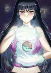 Rule 34 | 1girl, bare arms, black hair, breasts, cleavage, closed mouth, collarbone, commentary request, creatures (company), floating, floating object, game freak, highres, long hair, looking at viewer, navel, nintendo, pink eyes, poke ball, poke ball (basic), pokemon, pokemon hgss, ribbed shirt, sabrina (pokemon), shirt, smile, solo, suzuki (white-world), telekinesis
