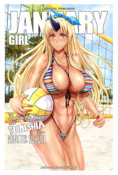 Rule 34 | 1girl, 2018, abs, ball, beach, beachball, bikini, breasts, cleavage, cover, english text, fake cover, holding, holding ball, horns, january, jewelry, krabbytheartist, large breasts, long hair, monster girl, monster musume no iru nichijou, muscular, muscular female, ogre, palm tree, patreon username, pendant, red eyes, sand, sideboob, single horn, sky, swimsuit, tionishia, toned, tree, volleyball (object), volleyball net