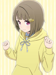 Rule 34 | 1girl, artist name, artist request, birthda, blush, breasts, brown hair, clenched hands, collared shirt, crescent, crescent hair ornament, female focus, grey hair, hair ornament, highres, hood, hood down, hooded jacket, jacket, junchoco1207, light brown hair, looking at viewer, love live!, love live! nijigasaki high school idol club, love live! school idol festival, love live! school idol festival all stars, nakasu kasumi, parted lips, purple eyes, red eyes, ribbon, semi-choco (junchoco1207), shirt, short hair, smile, solo, striped background, upper body, vertical-striped background, white shirt, yellow jacket, yellow neckwear, yellow ribbon