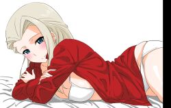Rule 34 | 1girl, absurdres, bikini, bikini under clothes, blonde hair, blue eyes, blush, breasts, clara (girls und panzer), crossed arms, from side, girls und panzer, highres, large breasts, long hair, looking at viewer, lying, on bed, on stomach, open clothes, open shirt, red shirt, shirt, solo, swimsuit, umeta shirisuke