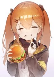 Rule 34 | 1girl, ^ ^, armband, black bow, black jacket, black ribbon, bow, brown hair, burger, closed eyes, commentary request, facing viewer, food, food on face, french fries, girls&#039; frontline, gradient background, grin, hair between eyes, hair bow, hair ornament, hairclip, harufude, holding, holding food, hood, hood down, hooded jacket, jacket, long hair, long sleeves, neck ribbon, open clothes, open jacket, purple background, ribbon, scar, scar across eye, scar on face, shirt, smile, solo, twintails, ump9 (girls&#039; frontline), upper body, white background, white shirt