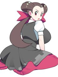 Rule 34 | 1girl, bellupup, black dress, breasts, brown hair, creatures (company), dress, forehead, from behind, game freak, hair ribbon, hair slicked back, highres, huge breasts, kneeling, looking back, nintendo, open mouth, pantyhose, pink eyes, pink pantyhose, pokemon, pokemon oras, ribbon, roxanne (pokemon), shirt, short sleeves, simple background, sitting, soles, solo, toes, twintails, wariza, white background, white shirt