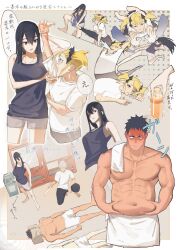 2boys 2girls abs absurdres ashiro_mina bara belly_grab black_hair black_tank_top blank_eyes breasts chibi chibi_inset deformed hibino_kafka highres ichikawa_reno kaijuu_no._8 kicking large_breasts large_pectorals multiple_boys multiple_girls muscular muscular_male navel pectorals shinomiya_kikoru short_hair spiked_hair tank_top topless_male tori-desu towel training turn_pale weight_conscious