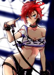 Rule 34 | 10s, 1girl, bare shoulders, blue eyes, breasts, cleavage, collar, earrings, facial tattoo, groin, idolmaster, idolmaster million live!, jewelry, julia (idolmaster), microphone, midriff, navel, off shoulder, red hair, shirt, shirt slip, shoohee, shorts, spiked collar, spikes, sweat, tattoo, tied shirt, torn clothes, torn shorts, underboob