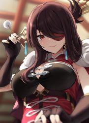 Rule 34 | 1girl, beidou (genshin impact), blurry, blurry background, breasts, brown hair, cleavage, detached sleeves, ear cleaning, ear picking, eyepatch, fingerless gloves, genshin impact, gloves, hair ornament, hair stick, hairpin, highres, lap pov, large breasts, long hair, looking at viewer, mimikaki, one eye covered, colored eyepatch, red eyes, shengtian, smile, solo