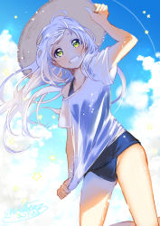 Rule 34 | 1girl, blue one-piece swimsuit, cloud, from below, green eyes, grin, hat, highres, looking at viewer, one-piece swimsuit, original, school swimsuit, school uniform, shinonome neko-tarou, shirt, silver hair, smile, solo, straw hat, sun hat, swimsuit, swimsuit under clothes, wet, wet clothes, wet shirt
