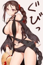 Rule 34 | 1girl, asamura hiori, bare shoulders, blush, braid, breasts, brown eyes, brown hair, center opening, choker, cleavage, closed mouth, collarbone, commentary request, ear piercing, earrings, fate/grand order, fate (series), glasses, hat, heroic spirit festival outfit, highres, jewelry, large breasts, long hair, looking at viewer, multiple earrings, navel, o-ring, piercing, revealing clothes, revision, simple background, smile, solo, sun hat, very long hair, white background, yu mei-ren (fate), yu mei-ren (festival outfit) (fate)