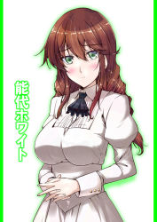 Rule 34 | 1girl, aquila (kancolle), aquila (kancolle) (cosplay), ascot, blush, braid, breasts, brown hair, cosplay, dress, green eyes, kantai collection, large breasts, long hair, mikage takashi, noshiro (kancolle), own hands together, pink dress, smile, solo, translated, twin braids