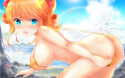Rule 34 | 1girl, ass, beach, blue eyes, bow, breasts, female focus, highres, kneeling, large breasts, looking at viewer, masa (mirage77), open mouth, orange hair, outdoors, red bow, sagara emi, slingshot swimsuit, solo, swimsuit, tagme, twintails, worried