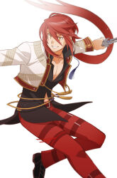 Rule 34 | 1boy, aaron wei, ashibe-kaoru, belt, black shirt, commentary request, cropped jacket, dragon print, eiyuu densetsu, hair between eyes, highres, holding, holding sword, holding weapon, jacket, kuro no kiseki (series), kuro no kiseki i, long hair, male focus, midriff peek, navel, open clothes, open jacket, pants, pectoral cleavage, pectorals, print jacket, red hair, red pants, shirt, simple background, smile, solo, sword, teeth, weapon, white background, white jacket, yellow eyes