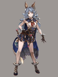 Rule 34 | 10s, 1girl, animal ears, bad id, belt, belt buckle, belt skirt, blue hair, breasts, brown eyes, buckle, cape, contrapposto, earrings, erune, ferry (granblue fantasy), full body, gloves, granblue fantasy, grey background, hand on own hip, highres, holding, jewelry, legs, long hair, looking at viewer, neckerchief, pale skin, rabbit ears, simple background, small breasts, solo, standing, tarte (hodarake), wavy hair, whip