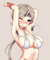 Rule 34 | 10s, 1girl, absurdres, alternate costume, arms behind head, arms up, bdsm, bikini, blush, bondage, bound, bound arms, chitose (kancolle), feathers, grey background, grey hair, halterneck, headband, highres, k knakomochi008, kantai collection, long hair, mouth hold, navel, one eye closed, ponytail, purple eyes, ribbon, simple background, skindentation, solo, sweat, swimsuit, tears, tickling, tickling armpits, upper body, very long hair, white bikini, white ribbon