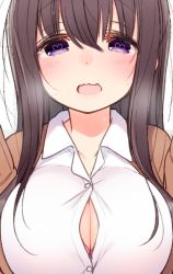 Rule 34 | 1girl, :d, blush, breasts, brown hair, brown jacket, bursting breasts, cleavage, collared shirt, dot nose, heart, heart-shaped pupils, huge breasts, jacket, long hair, looking at viewer, nekoume, open clothes, open jacket, open mouth, original, purple eyes, shirt, simple background, smile, solo, symbol-shaped pupils, upper body, wavy mouth, white background, white shirt, wing collar