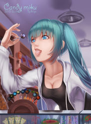 Rule 34 | 10s, 1girl, 2013, aqua eyes, aqua hair, artist name, breasts, candy, character name, cleavage, dated, hatsune miku, highres, lollipop, long hair, solo, tongue, twintails, vocaloid, wei ji