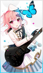 Rule 34 | 1girl, :d, bang dream!, black gloves, black ribbon, blue butterfly, border, bug, butterfly, buttons, clenched hand, commentary request, double-breasted, electric guitar, epaulettes, gloves, guitar, half updo, hat, hiromachi nanami, insect, instrument, jacket, kongya, long hair, long sleeves, neck ribbon, open mouth, pink hair, purple eyes, ribbon, skirt, smile, solo, white jacket