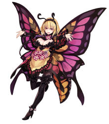 Rule 34 | 1girl, :d, antennae, arthropod girl, blonde hair, boots, breasts, butterfly wings, drinking straw, flower, full body, hairband, high heel boots, high heels, highres, insect wings, kenkou cross, large breasts, monster girl, monster girl encyclopedia, official art, open mouth, outstretched arms, papillon (monster girl encyclopedia), pink wings, red eyes, short hair, simple background, smile, solo, spread arms, thigh boots, thighhighs, white background, wings
