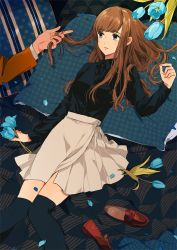 Rule 34 | 1girl, black shirt, black thighhighs, blunt bangs, brown footwear, brown hair, collared shirt, commentary, dress shirt, fingernails, flower, hand in own hair, holding, holding flower, kurokeisin, loafers, long sleeves, lying, on back, original, out of frame, petals, pillow, purple eyes, red footwear, shirt, shoes, unworn shoes, skirt, solo focus, thighhighs, tulip, white skirt