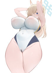 1girl absurdres animal_ear_fluff animal_ears bad_anatomy bad_arm bar_censor bare_arms bare_legs bare_shoulders blonde_hair blue_archive blue_eyes blue_halo blush breasts censored clenched_teeth covered_navel cowboy_shot dog_ears dongye1551 groin hair_over_one_eye halo highres kanna_(blue_archive) kanna_(swimsuit)_(blue_archive) large_breasts long_hair official_alternate_costume ponytail simple_background solo teeth thighs white_background