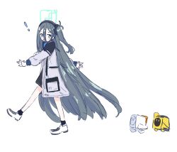 Rule 34 | !, 1girl, absurdres, aqua eyes, aris (blue archive), black hair, blue archive, hairband, halo, highres, jacket, kaiser penguin7, long hair, miniskirt, open clothes, open jacket, robot, shoes, side ponytail, simple background, skirt, socks, solo, very long hair, walking, white background