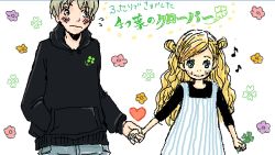 Rule 34 | 00s, 1boy, 1girl, aqua eyes, blonde hair, blush, clover, dress, embarrassed, four-leaf clover, hair ornament, hairclip, hanamoto hagumi, hand in pocket, hetero, holding hands, honey and clover, hood, looking at viewer, looking away, musical note, pinafore dress, quaver, size difference, sleeveless dress, takemoto yuuta, wavy hair