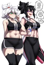 Rule 34 | 2girls, :d, absurdres, bare shoulders, black hair, black pants, black shorts, black thighhighs, blush, bottle, breasts, cleavage, commentary, cowboy shot, crop top, english commentary, fang, fang out, fangs, green eyes, hand up, highres, holding, holding bottle, large breasts, looking at another, medium support (meme), melissa (rageman709), meme, midriff, multiple girls, nail polish, navel, open mouth, original, pants, pink nails, ponytail, purple eyes, rageman709, sheo (rageman709), short hair, short shorts, shorts, simple background, smile, speech bubble, sports bra, standing, stomach, thighhighs, thighs, water bottle, white background, white hair