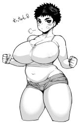 Rule 34 | 1girl, bad id, bad pixiv id, bare shoulders, belly, breasts, cleavage, curvy, dekkano!!, genderswap, genderswap (mtf), greyscale, highres, huge breasts, looking at viewer, monochrome, mucchan, plump, short hair, short shorts, shorts, simple background, solo, synecdoche, text focus, thick thighs, thighs, tomboy, translation request, very short hair, white background