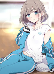 Rule 34 | 1girl, blue jacket, blue pants, blurry, blurry background, blush, breasts, brown hair, closed mouth, collarbone, commentary request, depth of field, hand up, idolmaster, idolmaster shiny colors, jacket, long sleeves, looking at viewer, navel, off shoulder, open clothes, open jacket, pants, serizawa asahi, shirt, short sleeves, sitting, sleeves past wrists, small breasts, solo, sweat, track jacket, track pants, track suit, tsuezu, white shirt