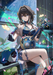 Rule 34 | 1girl, 3others, absurdres, aqua collar, aqua dress, aqua gloves, aqua shorts, bare legs, bare shoulders, bead necklace, beads, black hair, blue eyes, breasts, cherry blossoms, cleavage, clothing cutout, commentary request, critter pick (honkai: star rail), crossed legs, dna, dress, earrings, feet out of frame, flower, gloves, hair bun, hair flower, hair ornament, highres, holding, holding instrument, honkai: star rail, honkai (series), indoors, instrument, isome, jewelry, layered dress, long hair, looking to the side, medium breasts, multicolored hair, multiple others, necklace, pink petals, planet, ruan, ruan mei (honkai: star rail), shorts, shoulder cutout, single hair bun, sitting, smile, space station, streaked hair, thigh strap