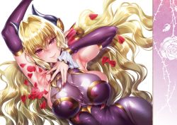 Rule 34 | 1girl, armpits, blush, breasts, closed mouth, detached sleeves, dress, female focus, fingernails, hair between eyes, hair intakes, hair spread out, hands up, highres, hizuki akira, horn ornament, horns, large breasts, long hair, looking at viewer, nail polish, original, pantyhose, pink eyes, pointy ears, presenting armpit, purple dress, purple pantyhose, red nails, simple background, skin tight, smile, solo, spread armpit, sweat, third-party edit, white background