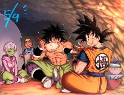 Rule 34 | 1girl, 3boys, :d, ;), ^ ^, abs, apron, backlighting, bah (dragon ball), black eyes, black hair, blurry, bokeh, boots, bowl, broly (dragon ball super), cave, cheelai, chopsticks, closed eyes, clothes writing, coat, colored skin, depth of field, dougi, dragon ball, dragon ball super, eating, eyelashes, closed eyes, eyewear on head, unworn eyewear, facial scar, fingernails, full body, goggles, goggles on head, green skin, happy, hat, holding, holding bowl, holding chopsticks, holding pot, holding spoon, indian style, indoors, lemo (dragon ball), looking at another, looking back, looking down, mattari illust, multiple boys, nervous, objectification, one eye closed, open mouth, orange skin, pot, puffy cheeks, purple coat, purple eyes, purple legwear, scar, scar on cheek, scar on chest, scar on face, topless male, short hair, sitting, smile, son goku, spiked hair, spoon, sweatdrop, v, very short hair, waist cape, white hair, wristband, yellow headwear