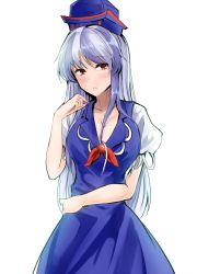 Rule 34 | 1girl, blue dress, blue hat, blush, breasts, cleavage, collarbone, commentary request, cowboy shot, dress, hand up, hat, highres, kamishirasawa keine, large breasts, long hair, looking at viewer, parted lips, puffy short sleeves, puffy sleeves, red eyes, shiny skin, short sleeves, silver hair, simple background, solo, standing, touhou, very long hair, white background, y2