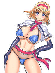 Rule 34 | 1girl, absurdres, alice margatroid, bad id, bad pixiv id, bikini, blonde hair, blue eyes, blush, breasts, cameltoe, cleavage, covered erect nipples, curvy, elbow gloves, gloves, habutae kyusetsu, hairband, highres, huge breasts, looking at viewer, navel, puffy nipples, race queen, short hair, smile, solo, swimsuit, touhou, wide hips