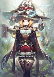Rule 34 | 1girl, :&gt;, arms up, black footwear, black pantyhose, blonde hair, boots, breasts, cloak, closed mouth, corset, elbow gloves, forest, gloves, hair between eyes, hat, highres, looking at viewer, mamuru, nature, original, outdoors, pantyhose, red eyes, red shorts, short hair, shorts, sidelocks, small breasts, smile, solo, sparkle, tareme, thigh boots, thighhighs, water, white gloves, witch, witch hat